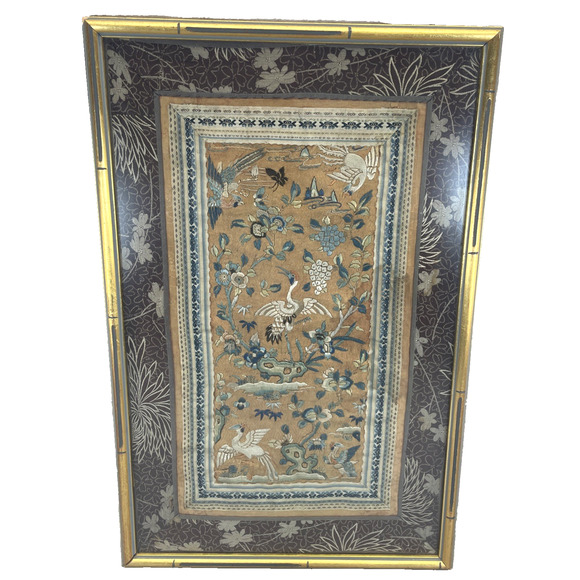 Qing Dynasty Era Framed Chinese Hand Embroidered Silk Textile Wall Hanging Art
